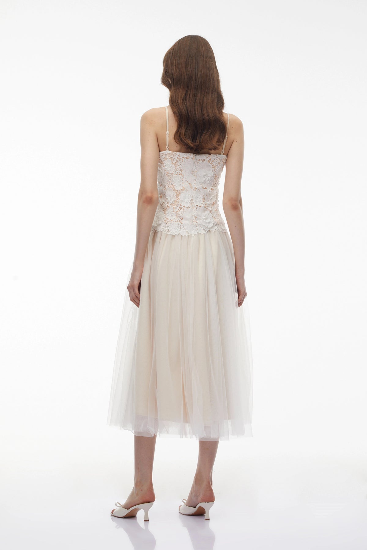 Yael White Lace Panel Tulle Midi Dress