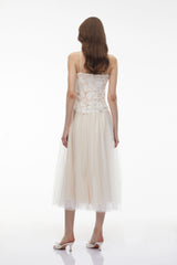 Yael White Lace Panel Tulle Midi Dress