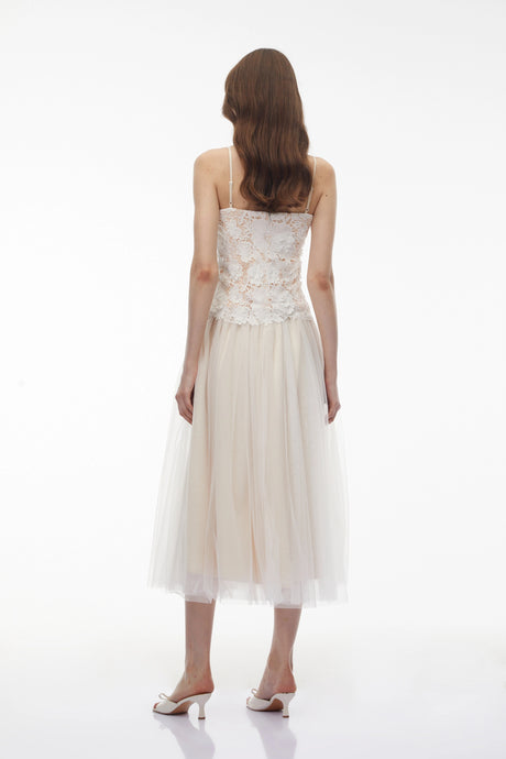 Silvestra Midi Dress White Lace Panel Tulle