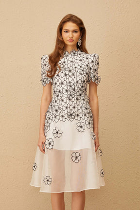 Kiara Midi Dress White Floral Appliqué Tulle