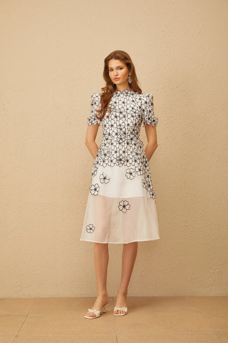 Kiara Midi Dress White Floral Appliqué Tulle