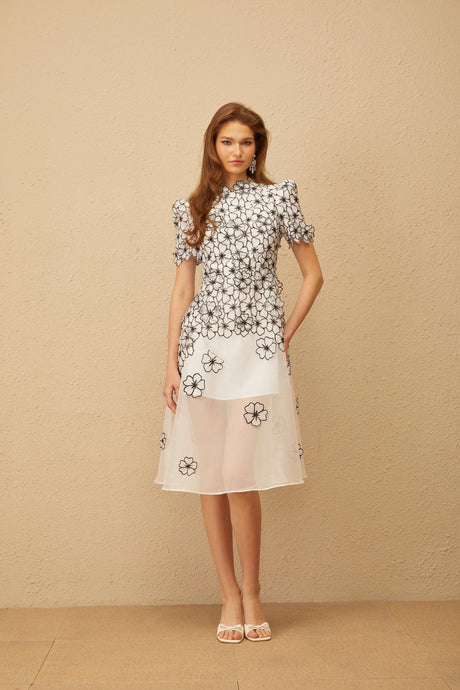 Kiara Midi Dress White Floral Appliqué Tulle
