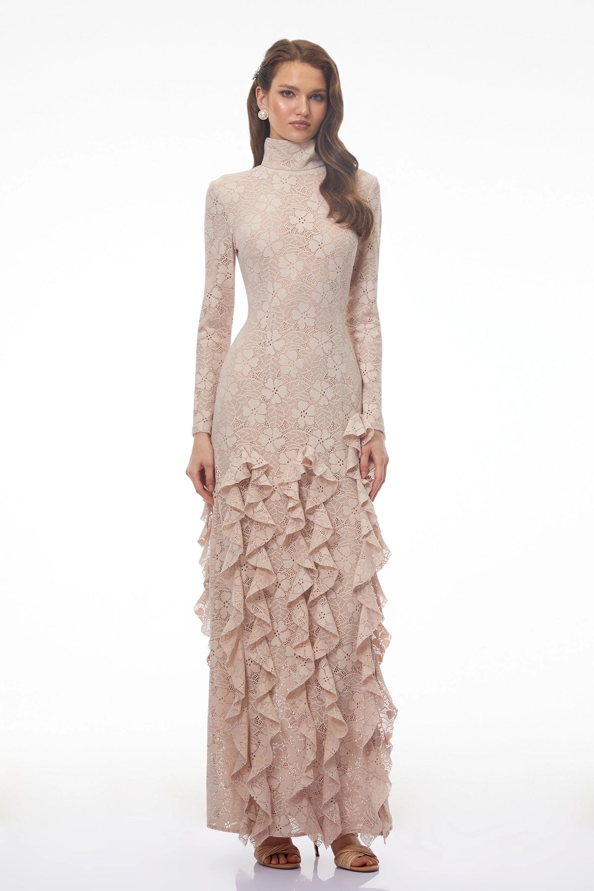 Clarissa Maxi Dress Nude Floral Lace Ruffled