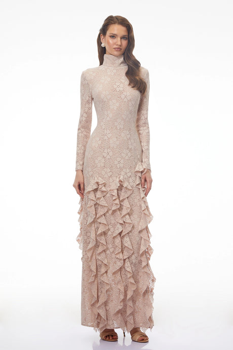 Clarissa Maxi Dress Nude Floral Lace Ruffled