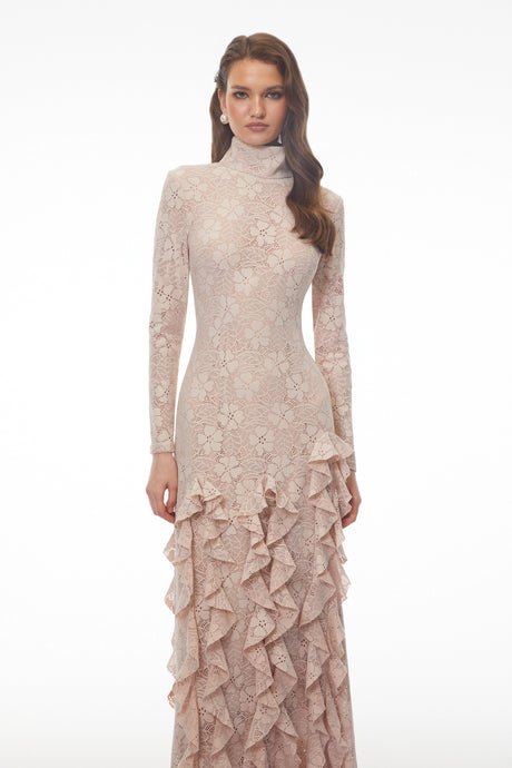 Clarissa Maxi Dress Nude Floral Lace Ruffled