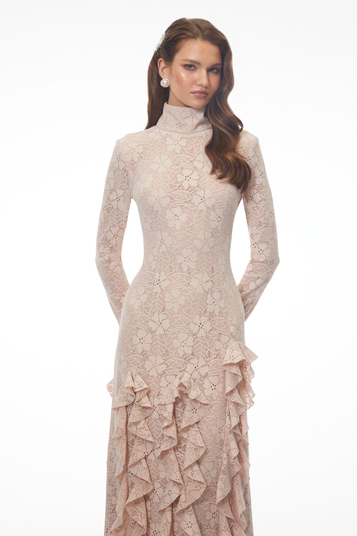 Clarissa Maxi Dress Nude Floral Lace Ruffled