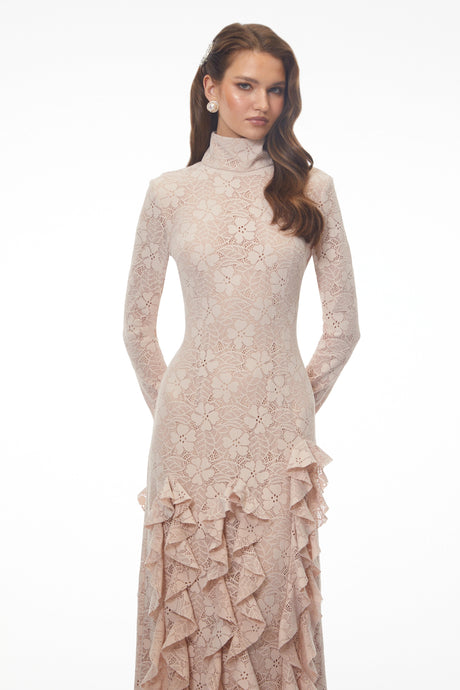 Clarissa Maxi Dress Nude Floral Lace Ruffled