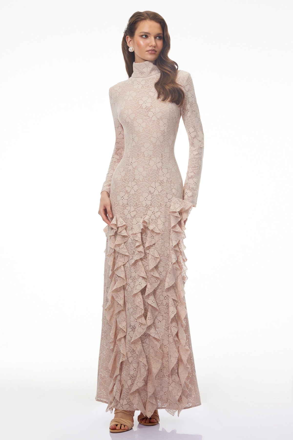 Clarissa Maxi Dress Nude Floral Lace Ruffled
