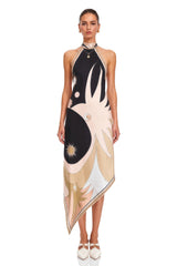 Camilla Midi Dress Black Abstract Print Halterneck