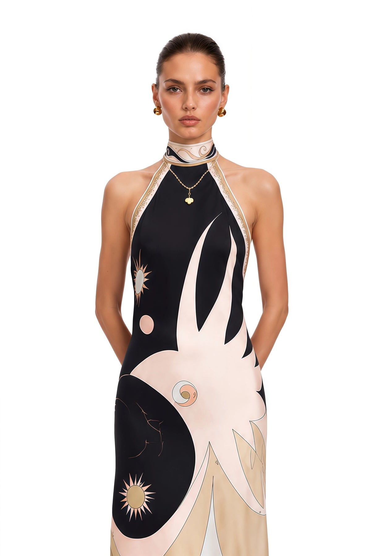 Camilla Midi Dress Black Abstract Print Halterneck