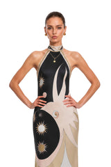Camilla Midi Dress Black Abstract Print Halterneck