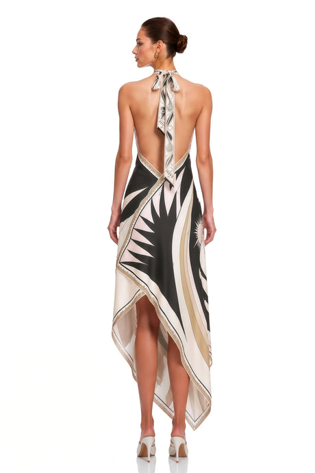 Camilla Midi Dress Black Abstract Print Halterneck