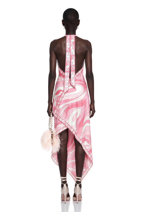 Antonietta Midi Dress Pink Abstract Print Halterneck