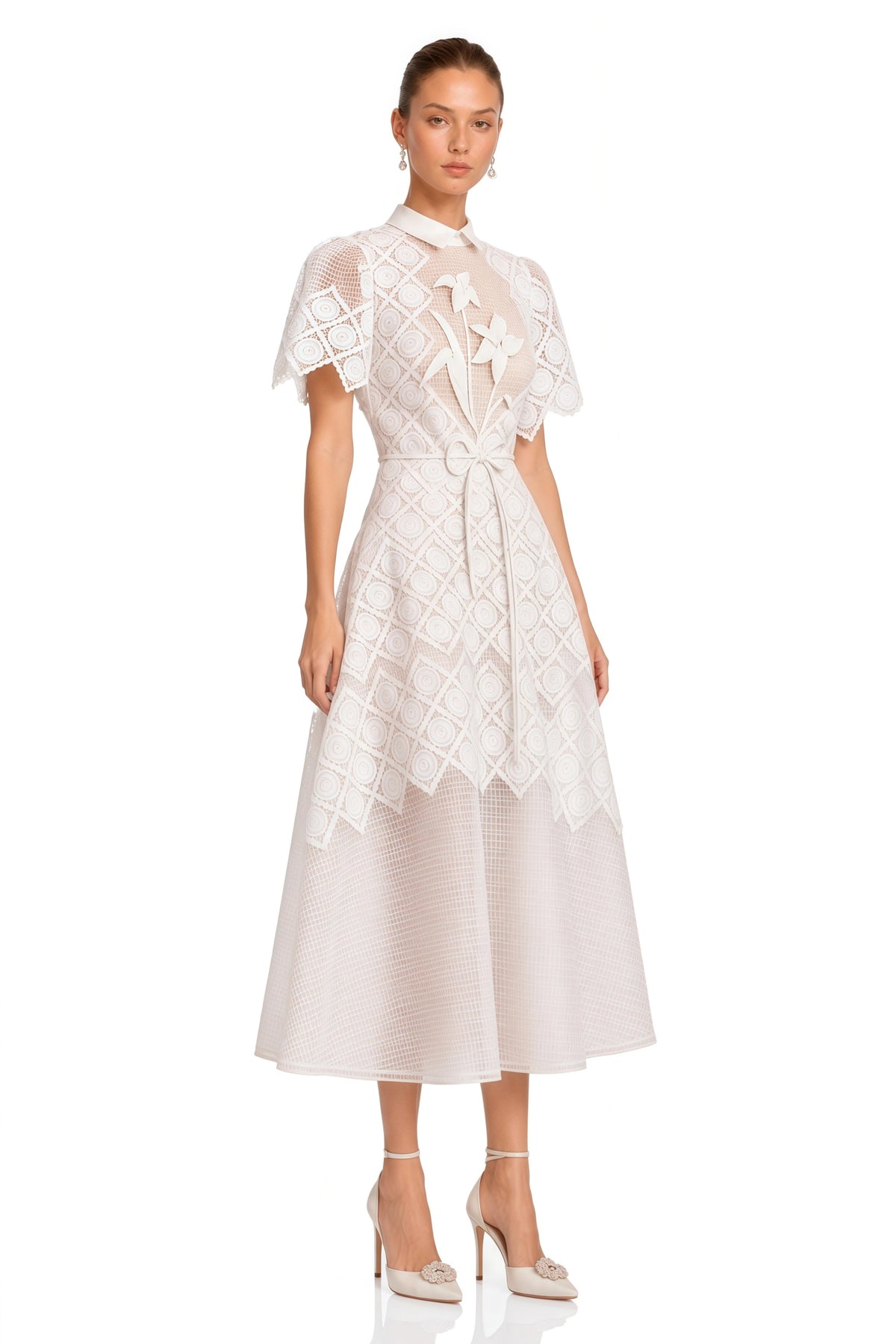 Mabel Midi Dress White Floral-embroidered