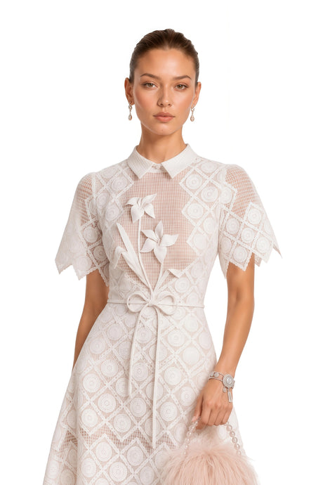 Mabel Midi Dress White Floral-embroidered