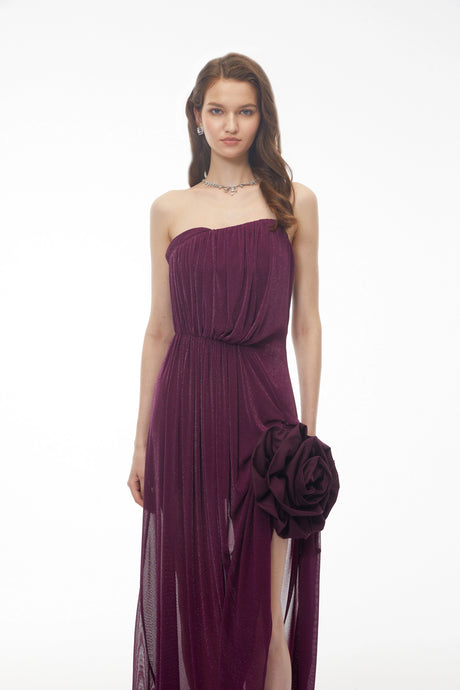 Leona Maxi Dress Purple Asymmetrical with 3D Petals