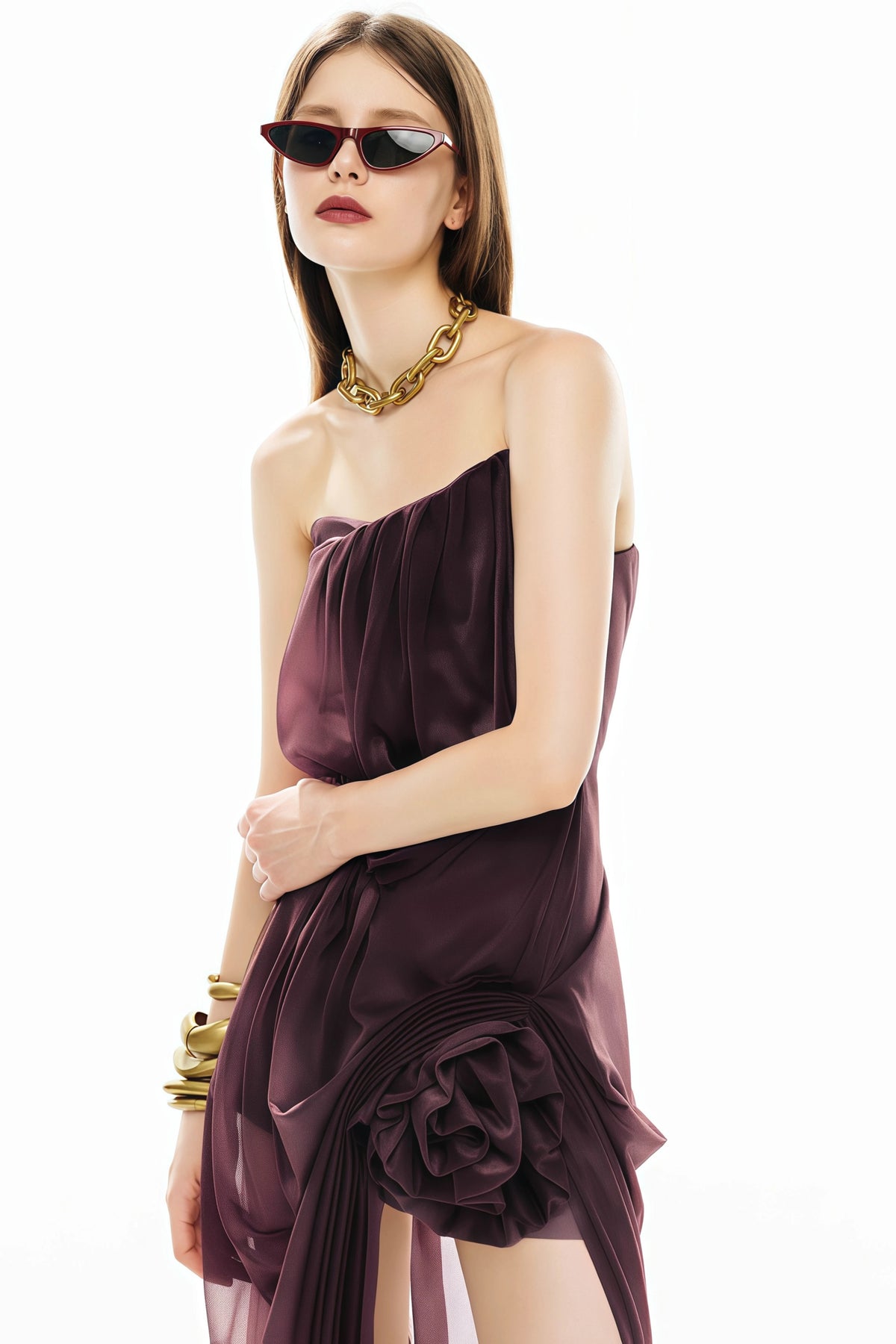 Angela Maxi Dress Purple Asymmetrical with 3D Petals