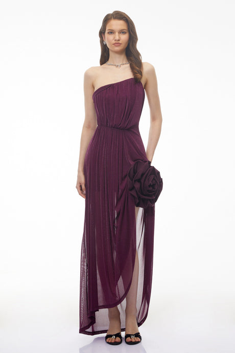Leona Maxi Dress Purple Asymmetrical with 3D Petals