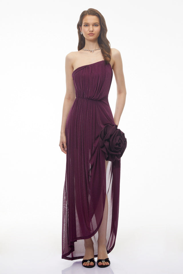 Leona Maxi Dress Purple Asymmetrical with 3D Petals