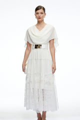 Brinley Midi Dress White Cowl Neck with Lace Panels