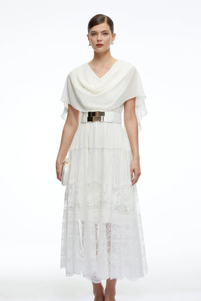 Brinley Midi Dress White Cowl Neck with Lace Panels