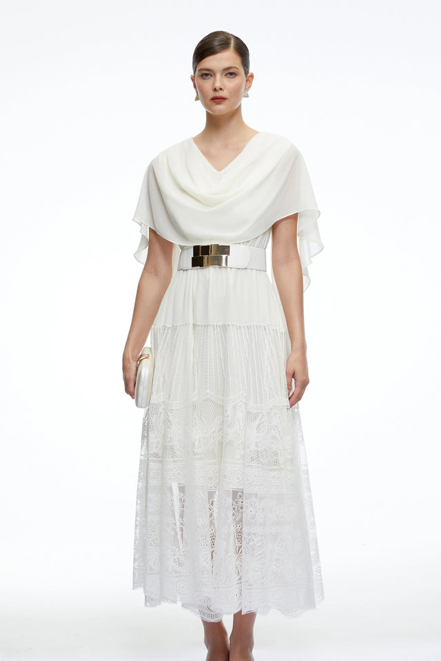 Brinley Midi Dress White Cowl Neck with Lace Panels