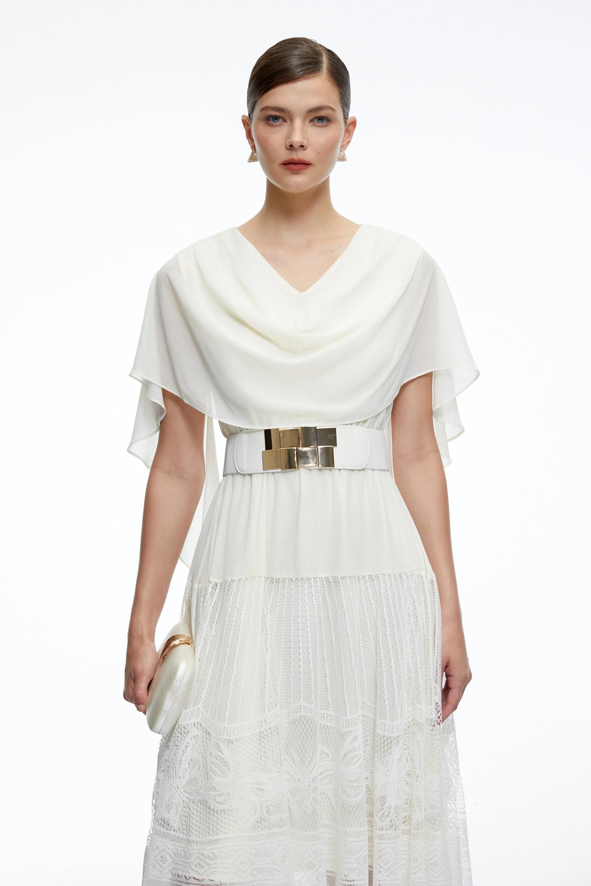 Brinley Midi Dress White Cowl Neck with Lace Panels