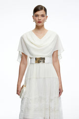 Brinley Midi Dress White Cowl Neck with Lace Panels
