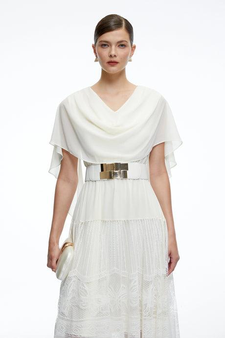 Brinley Midi Dress White Cowl Neck with Lace Panels