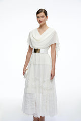 Brinley Midi Dress White Cowl Neck with Lace Panels