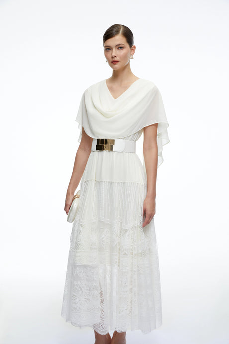 Brinley Midi Dress White Cowl Neck with Lace Panels