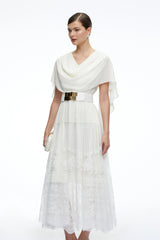 Brinley Midi Dress White Cowl Neck with Lace Panels