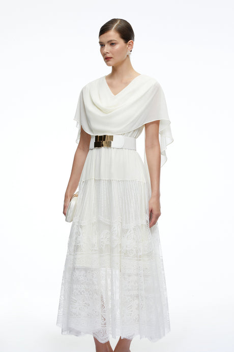 Brinley Midi Dress White Cowl Neck with Lace Panels