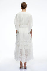 Brinley Midi Dress White Cowl Neck with Lace Panels
