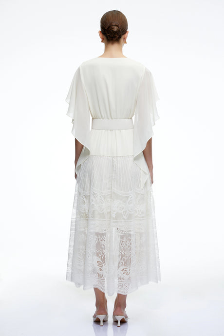 Brinley Midi Dress White Cowl Neck with Lace Panels