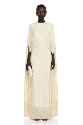 Maddalena Maxi Dress Pale Yellow with Cape Overlay and Fringe