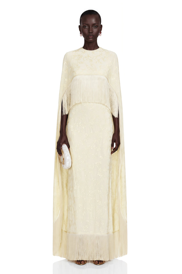 Maddalena Maxi Dress Pale Yellow with Cape Overlay and Fringe