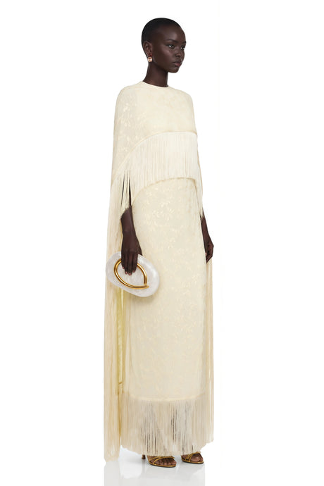 Maddalena Maxi Dress Pale Yellow with Cape Overlay and Fringe