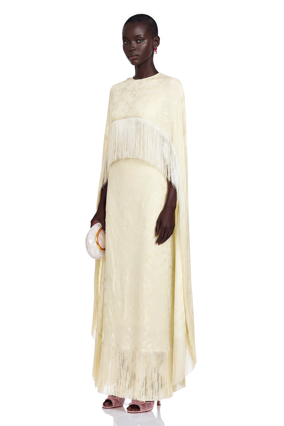 Maddalena Maxi Dress Pale Yellow with Cape Overlay and Fringe