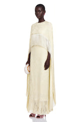 Maddalena Maxi Dress Pale Yellow with Cape Overlay and Fringe