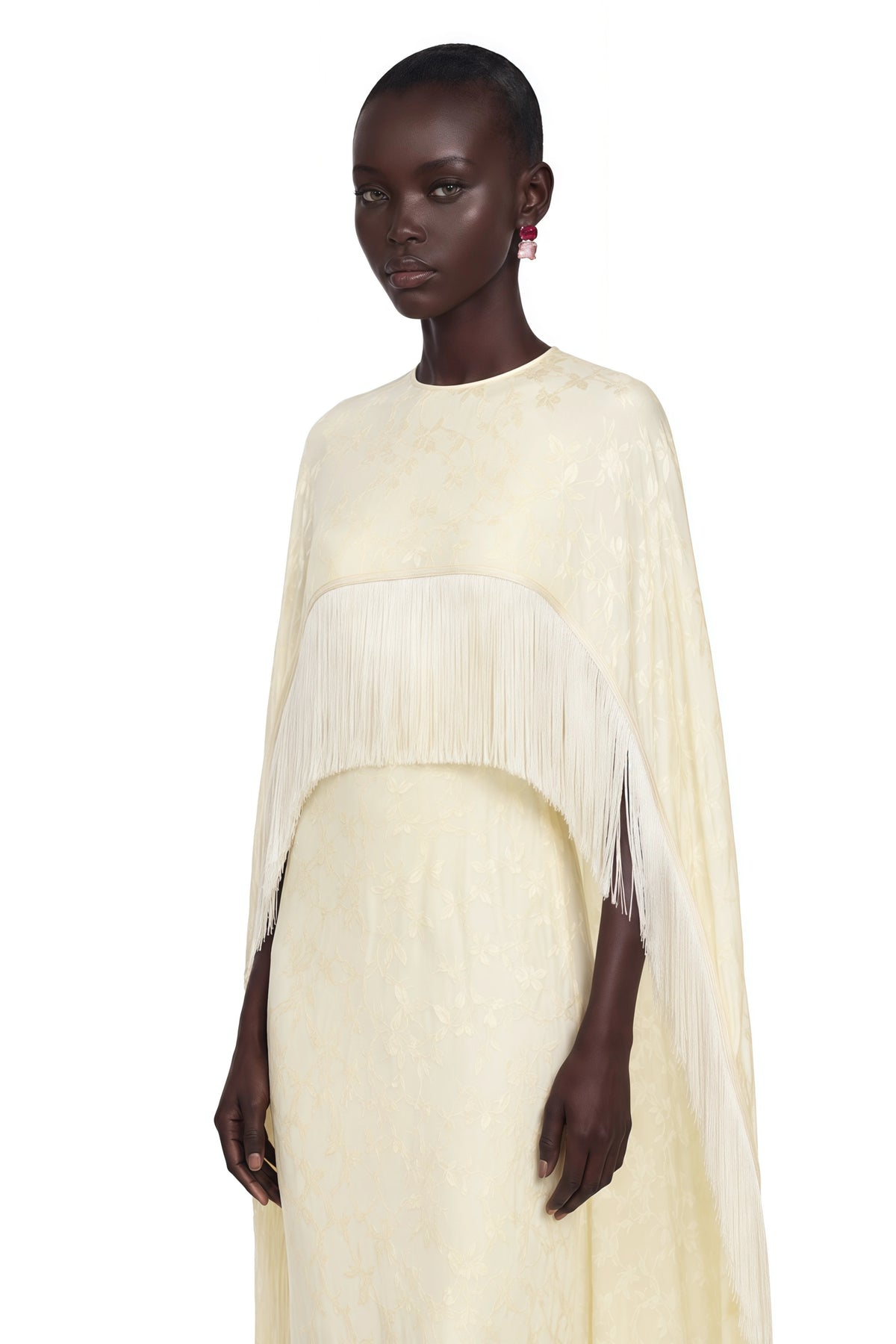 Maddalena Maxi Dress Pale Yellow with Cape Overlay and Fringe