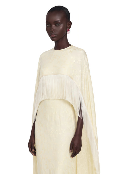 Maddalena Maxi Dress Pale Yellow with Cape Overlay and Fringe