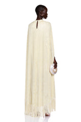 Maddalena Maxi Dress Pale Yellow with Cape Overlay and Fringe