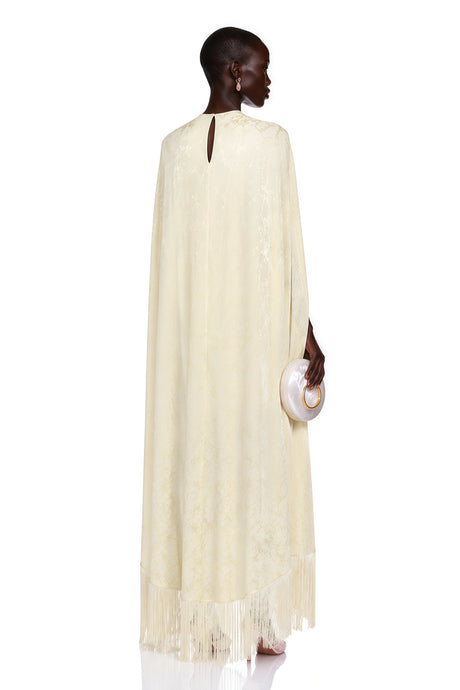 Maddalena Maxi Dress Pale Yellow with Cape Overlay and Fringe