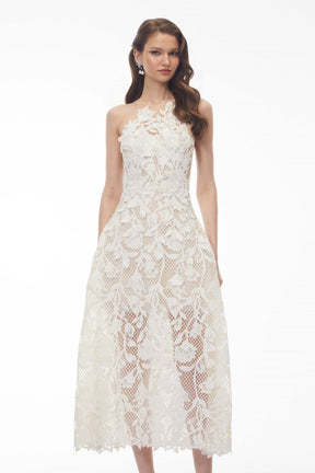 Martina Midi Dress White with Floral Applique