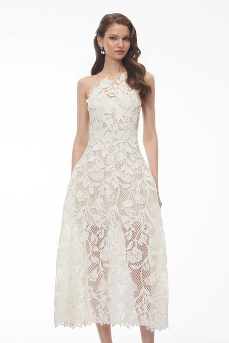 Martina Midi Dress White with Floral Applique