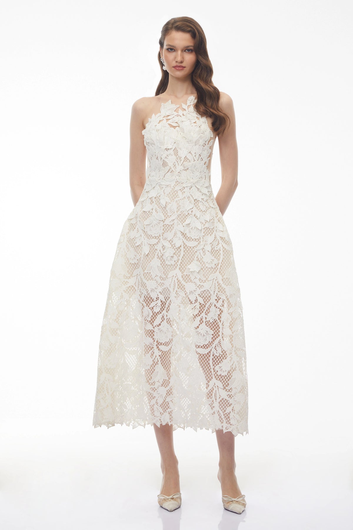 Martina Midi Dress White with Floral Applique