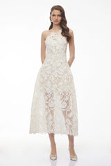 Martina Midi Dress White with Floral Applique
