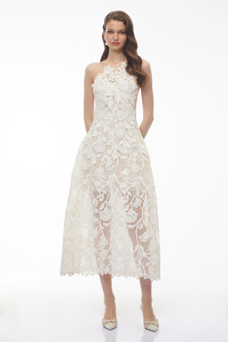 Martina Midi Dress White with Floral Applique
