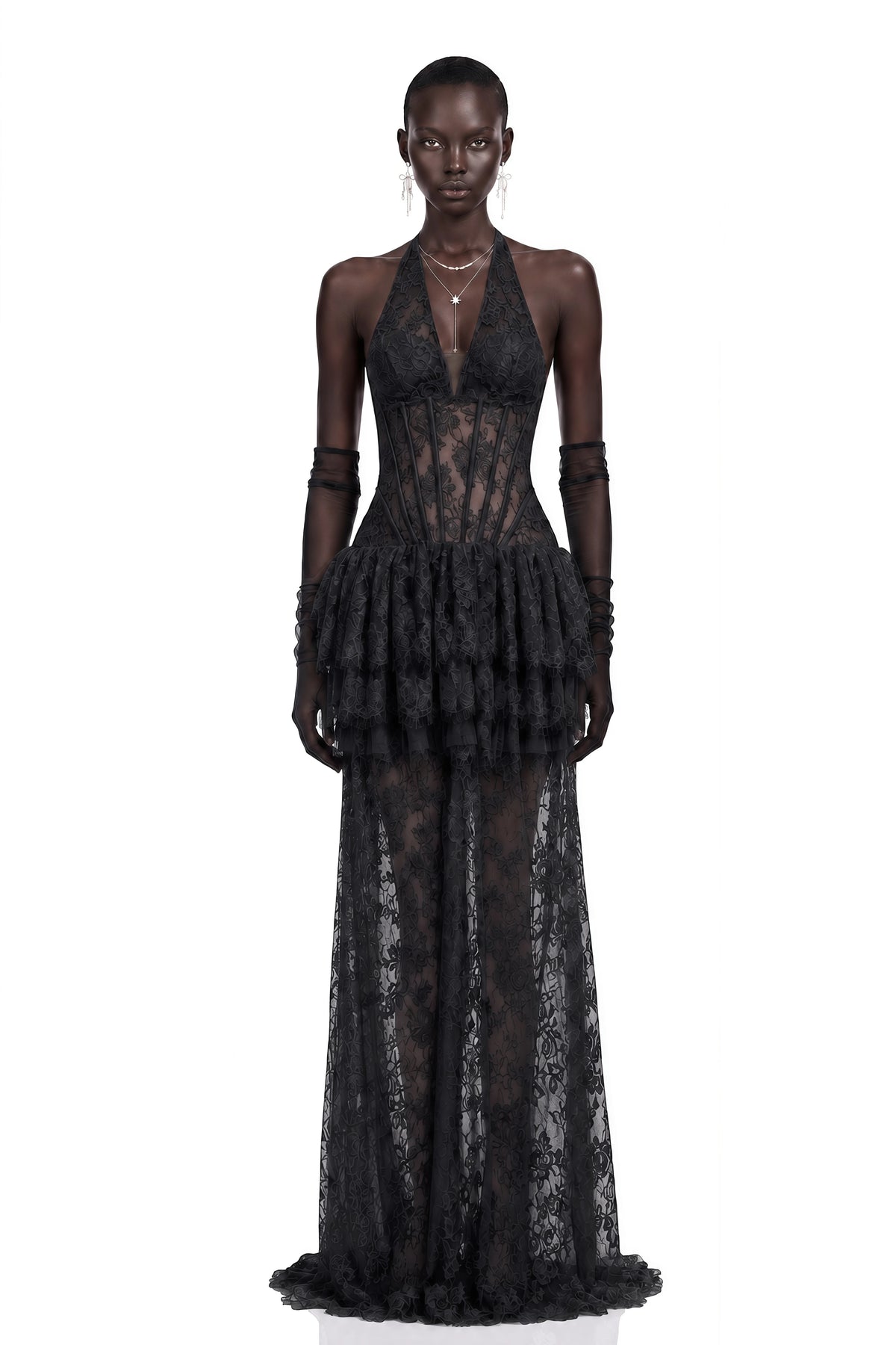 Holland Maxi Dress Black Floral Appliqué Tiered